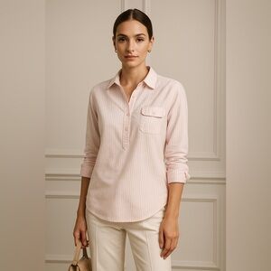 Vineyard Vines Pink White Stripe Cotton Popover Shirt Women’s Quiet Luxury SZ 8